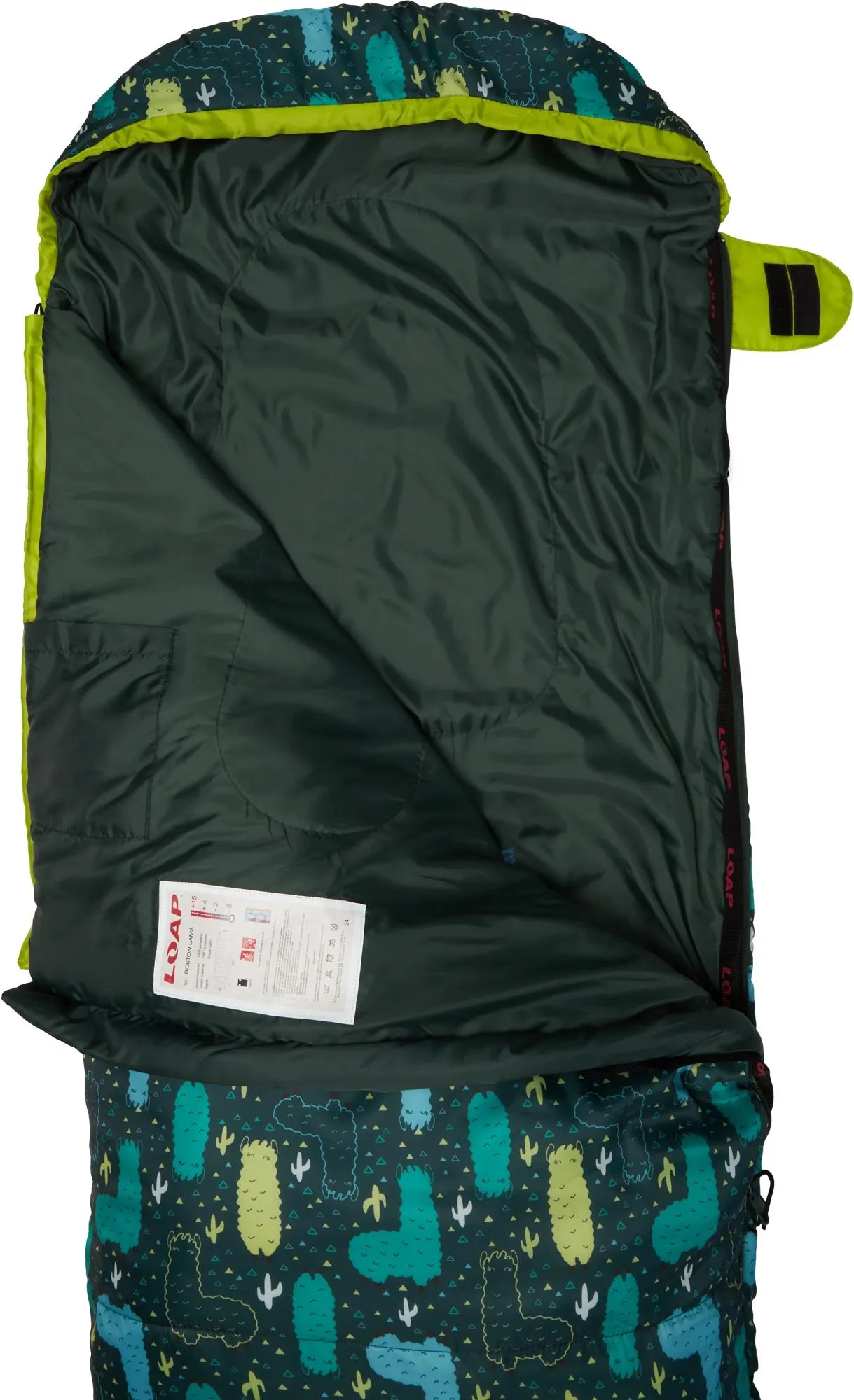 Dziecięcy śpiwór mumia Loap Boston Lama zielony, lewy zamek błyskawiczny