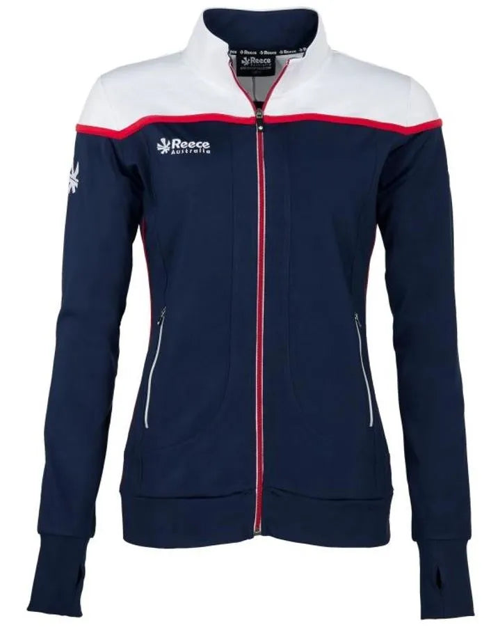 Chaqueta reece varsity de corte elástico para mujer azul marino-blanco xl