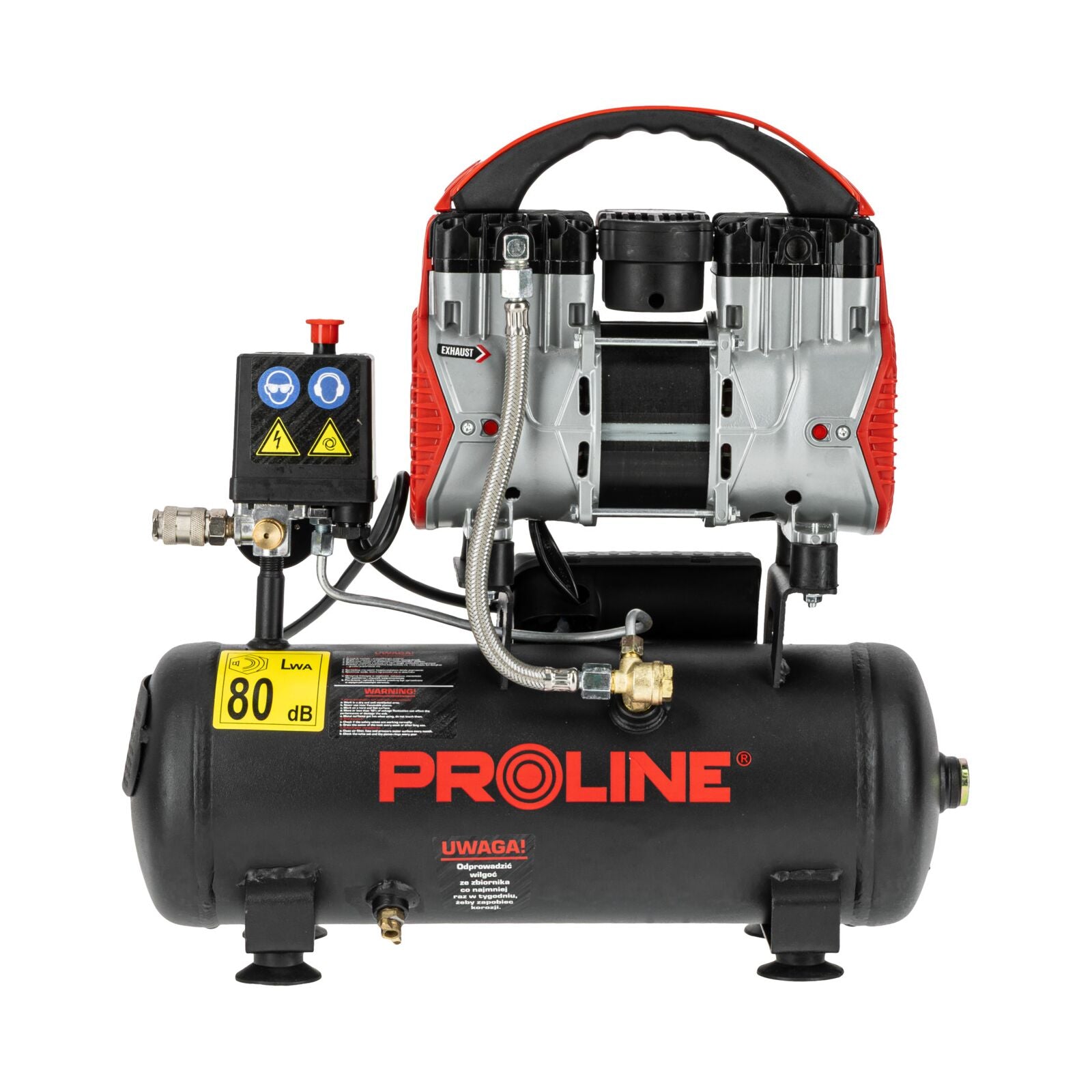 Bezolejový vzduchový kompresor 9l 750w 8bar 167l/min 58,1 Db 15 Kg 3vrstvá ocel Proline