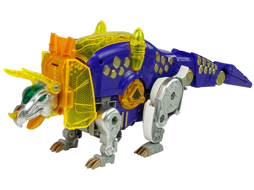 Dinoboti 2v1 Dinosaurská brokovnica Fialový Triceratopsov štít