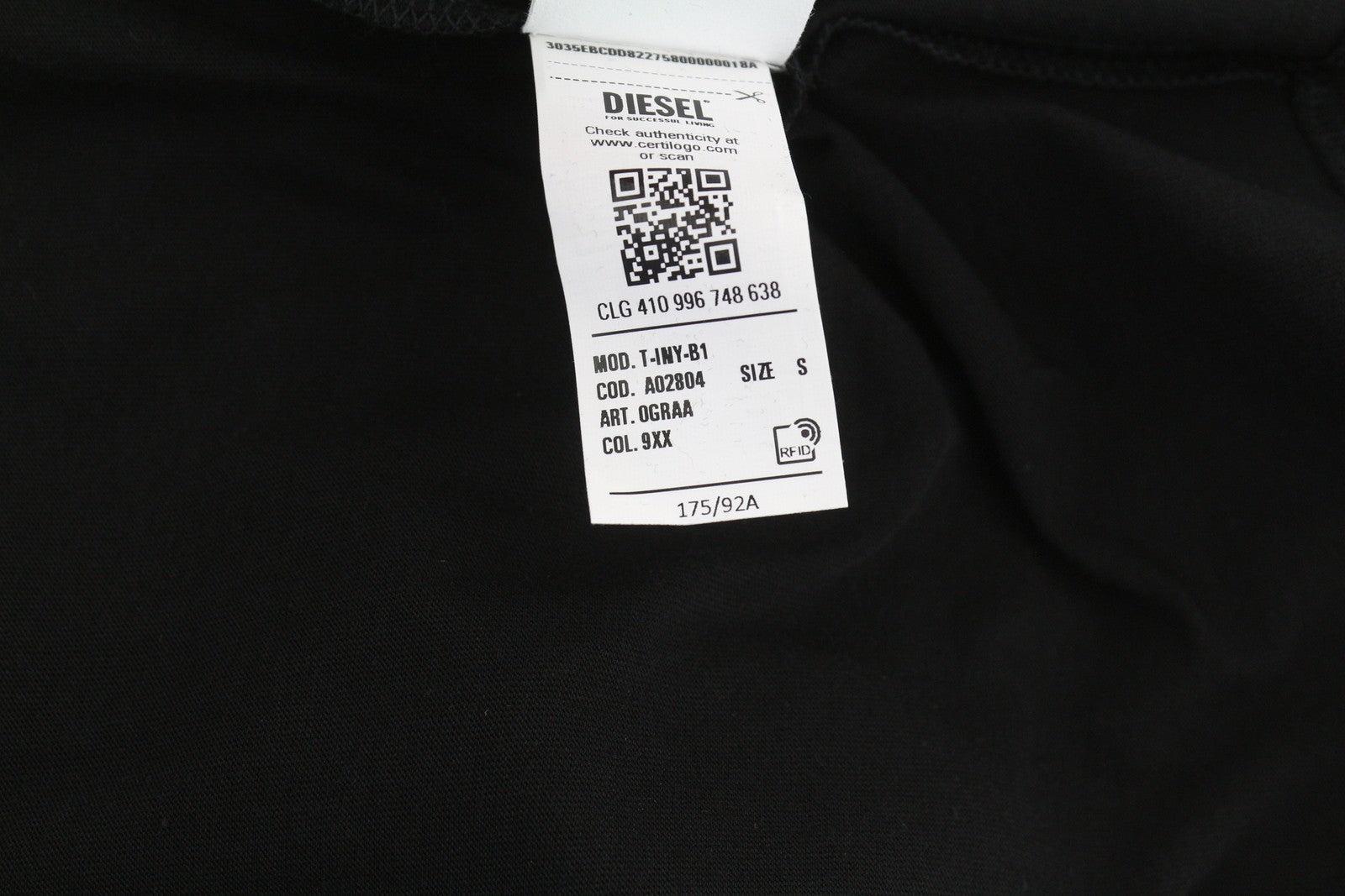 Diesel T-iny-b1men T-shirt Black Tricot Stretchy Crew Collar Short Sleeved