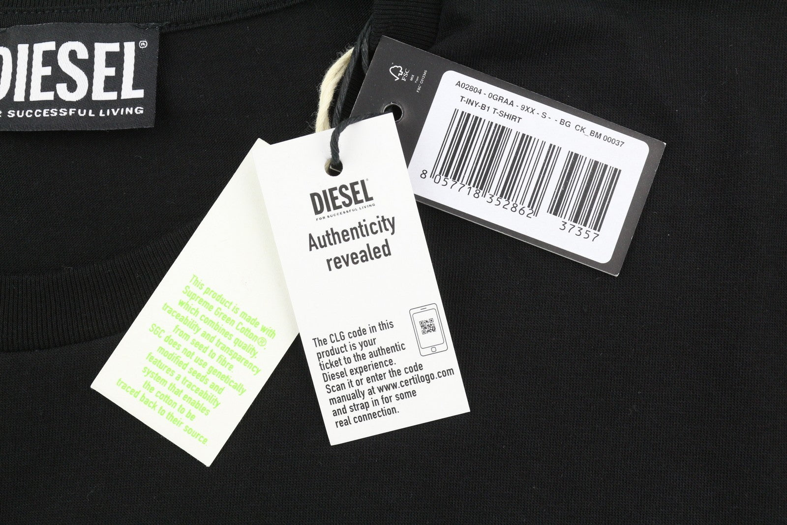 Diesel T-iny-b1men T-shirt Black Tricot Stretchy Crew Collar Short Sleeved