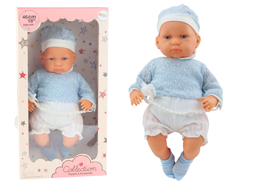 Bábika pre bábiku 46 cm modré ponožky s cumlíkom