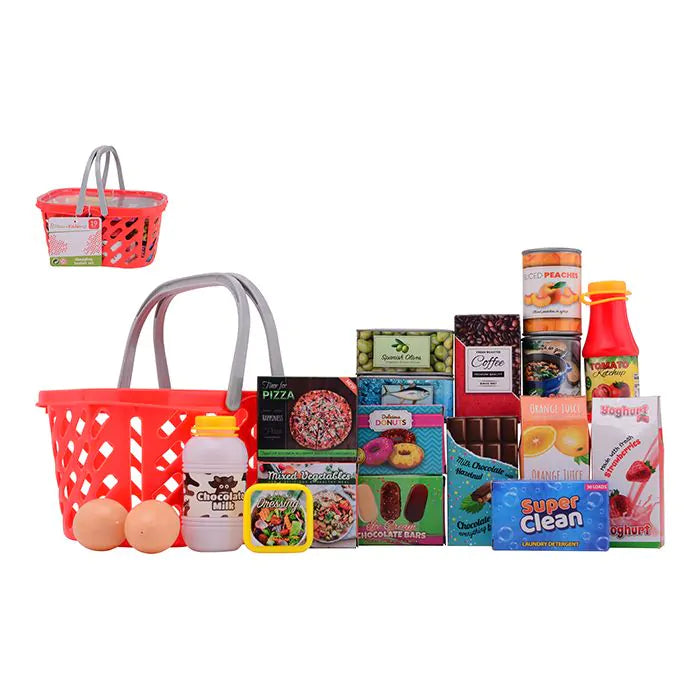 Cesta de compras de brinquedos com mantimentos