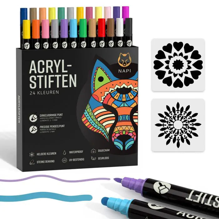 Napi acrylpennen met dubbele punt, 24 kleuren