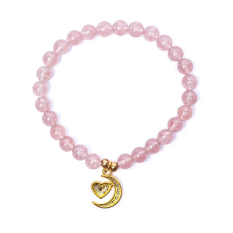 Bratara Strawberry Quartz Elastic With Heart/moon Charm --pachet De 2 Buc - 6mm