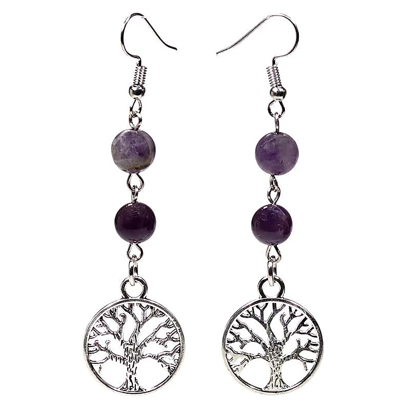 Earrings Fluorite/amethyst With Tree Of Life --package Of 5 Pcs - 8 Mm