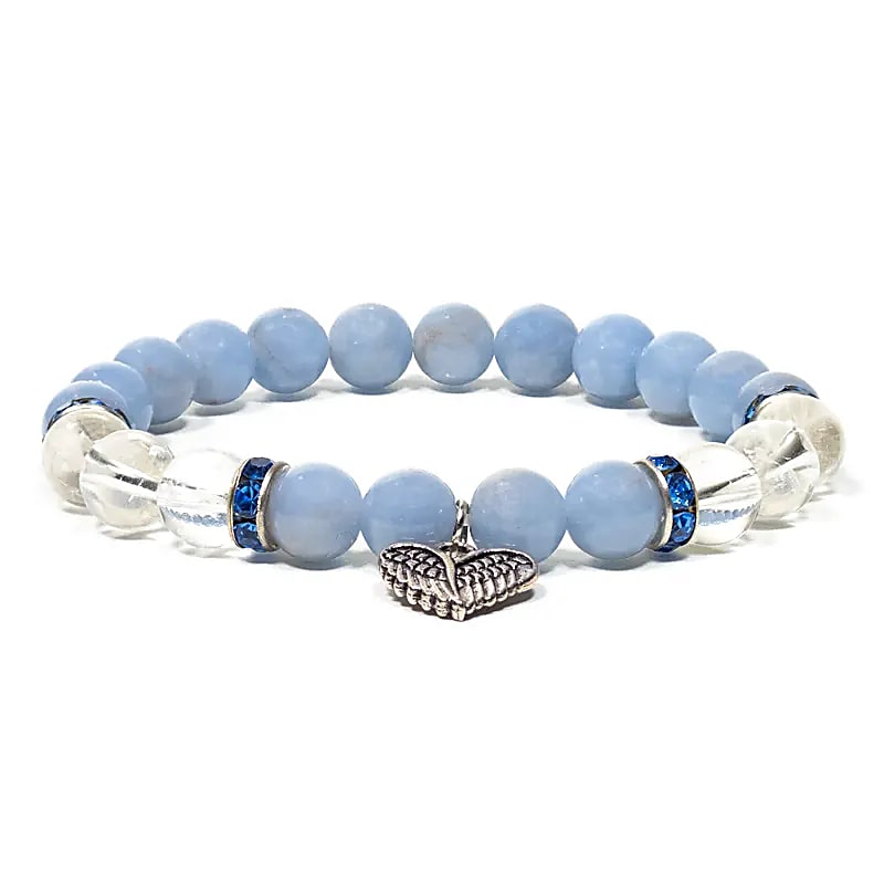 Pulseira angelite/cristal de rocha elástica com coração -- pacote de 2 peças - 0,8 cm