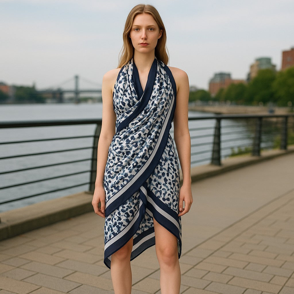 Antony Morato Damen-Schal, blau-weißes Muster, Wickeltuch, lässig, Strand