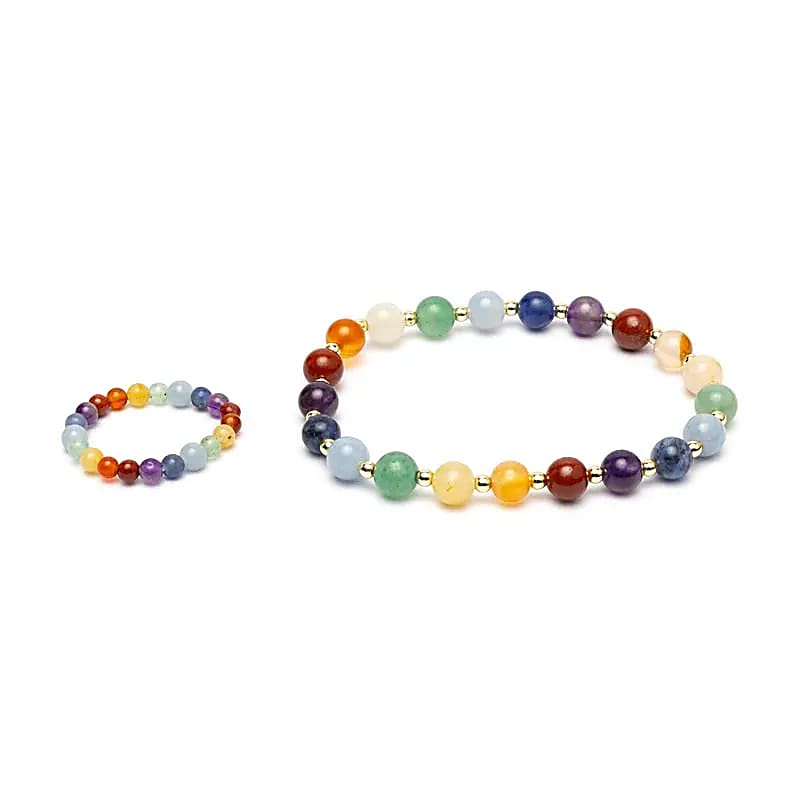 Sæt Armbånd + Ring Med Guldfarvede Perler Chakraer --sæt Med 2 Stk - ±7 Cm