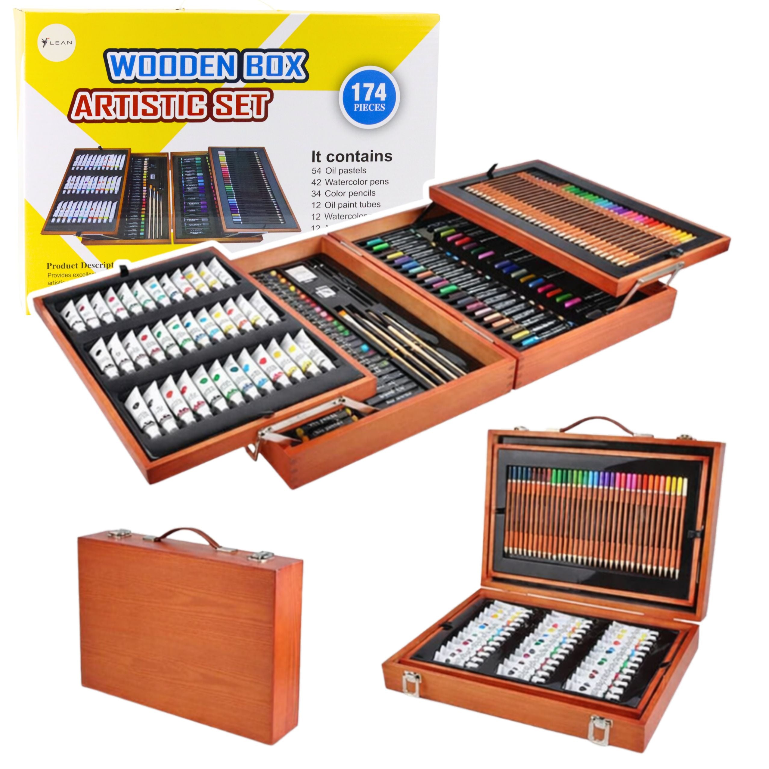 Large Professional Painting Set In A Wooden Carrying Case 174 Pieces