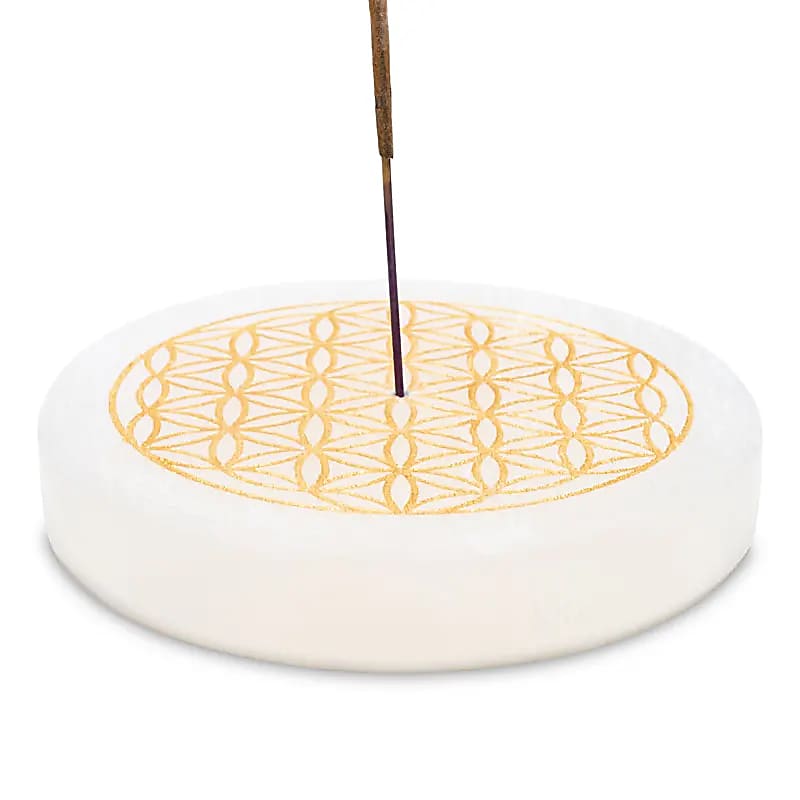 Portaincenso Selenite Fiore Della Vita Rotondo - 9 Cm; 260 G