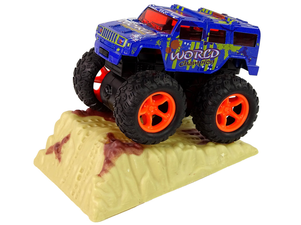 Resorak Monster Truck Pull Back Drive Rubber Tyres Metal Body + Evolving Ramp