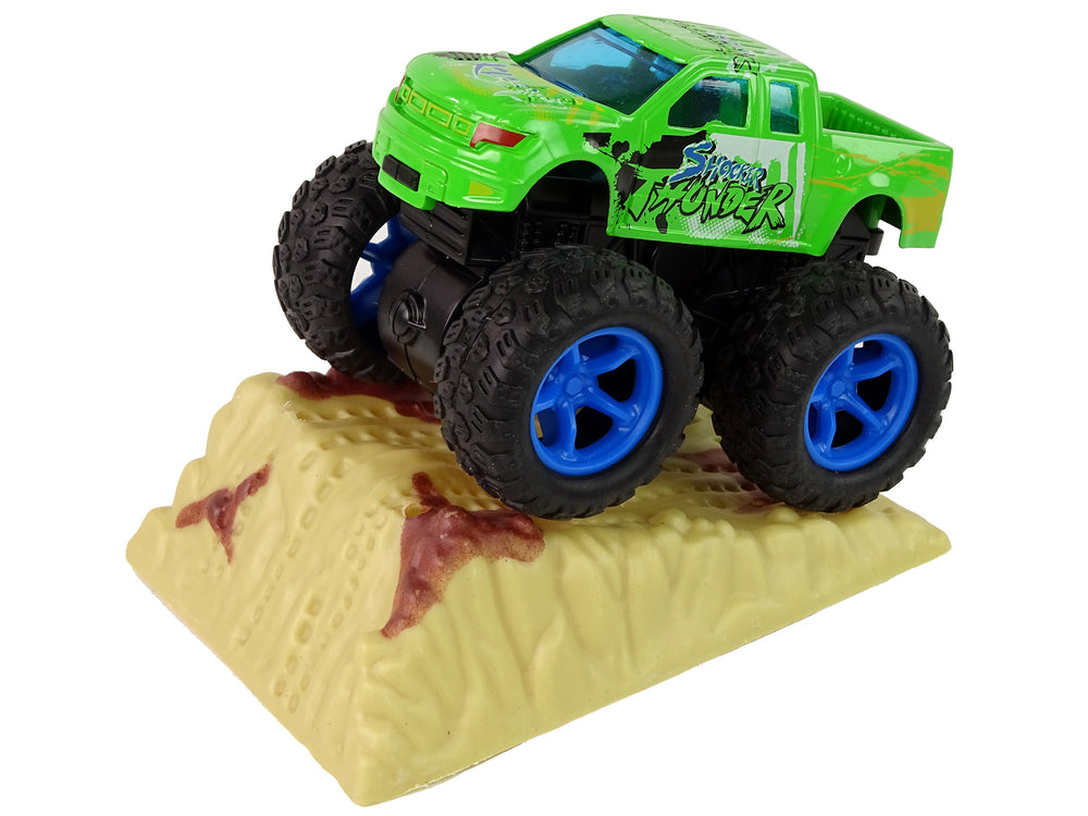 Resorak Monster Truck Pull Back Drive Rubber Tyres Metal Body + Evolving Ramp