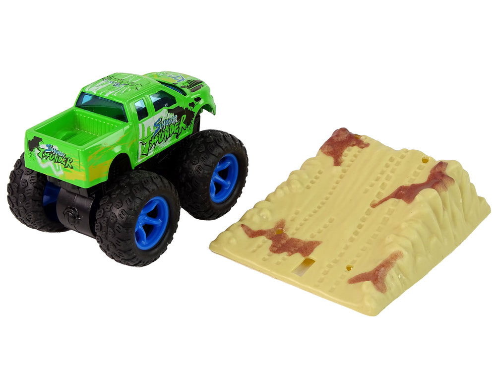 Resorak Monster Truck Pull Back Drive Rubber Tyres Metal Body + Evolving Ramp