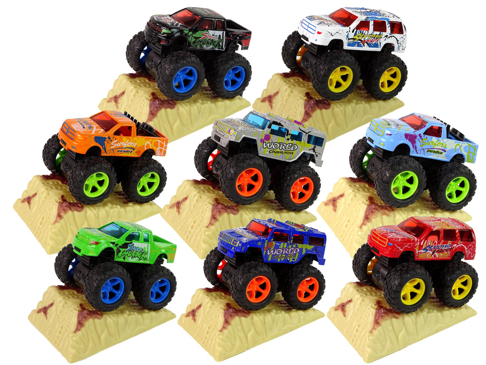Resorak Monster Truck Pull Back Drive Rubber Tyres Metal Body + Evolving Ramp