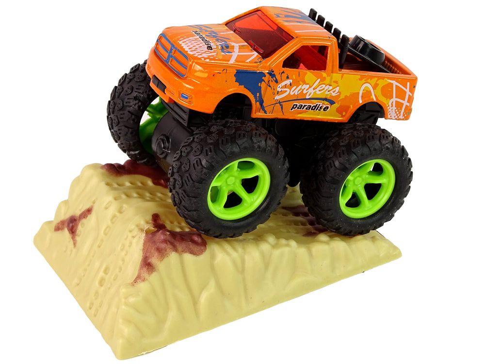 Resorak Monster Truck Pull Back Drive Rubber Tyres Metal Body + Evolving Ramp
