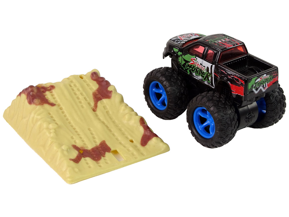 Resorak Monster Truck Pull Back Drive Rubber Tyres Metal Body + Evolving Ramp