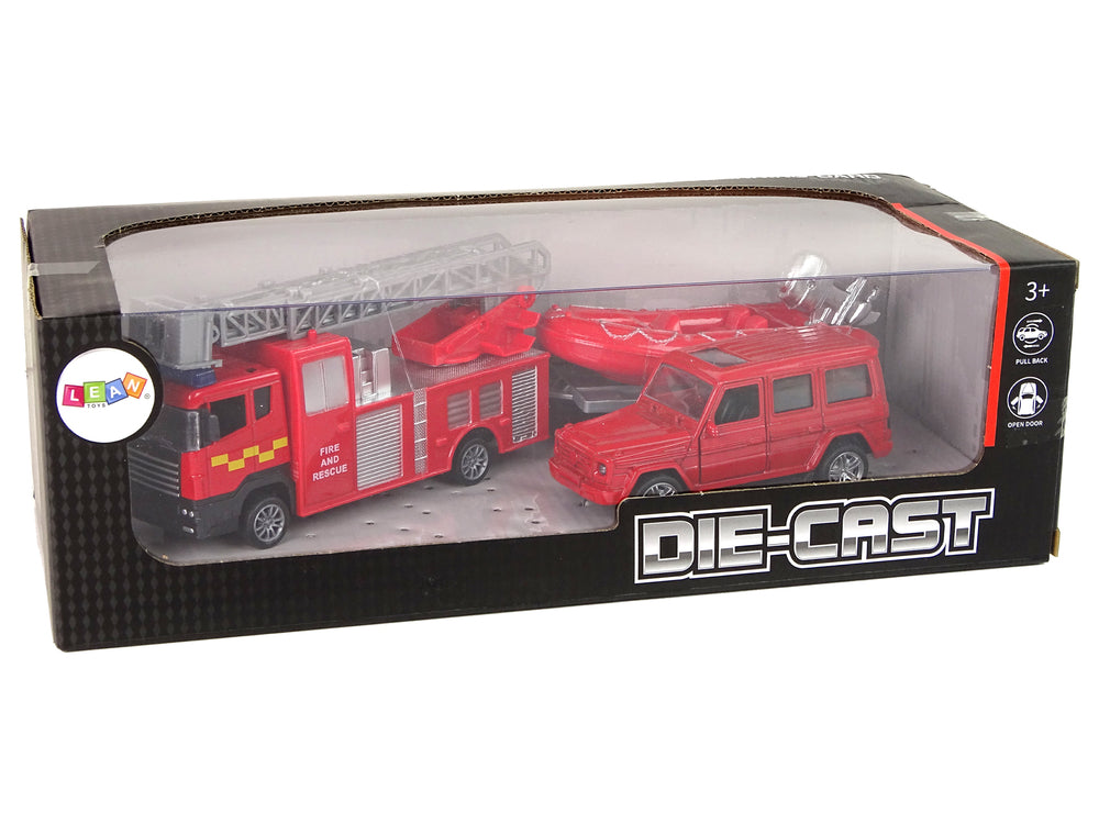 Fire Brigade Vehicle Set Pull Motorboat Jeep Red