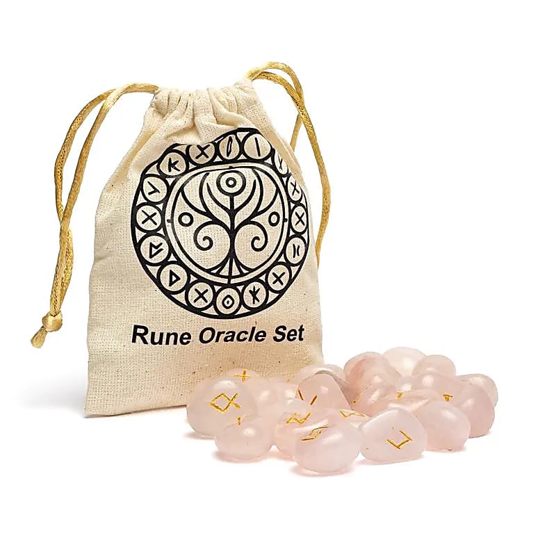 Комплект от розов кварц Rune Oracle в памучна торбичка - 12x10 см