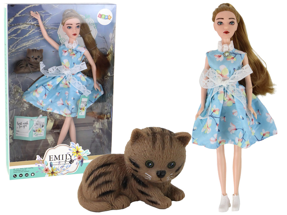 Kinderpop Emily Spring Lang Haar Blauwe Jurk Kitten