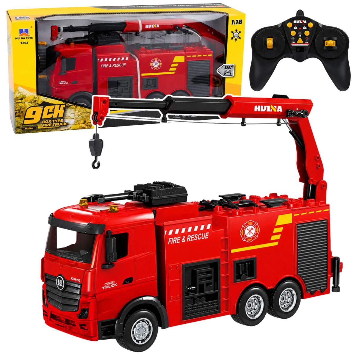 Wóz strażacki Huina Rc z dźwigiem i armatką wodną 1:18