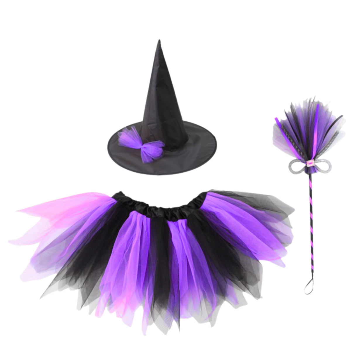 Witch Costume Hat Skirt Broom Purple And Black Costume