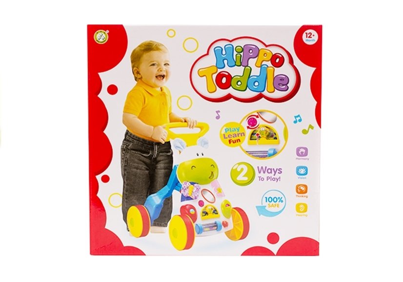 Toddler Baby Push Along Toy Hippo Sounds Rattles Crinkles Mirror