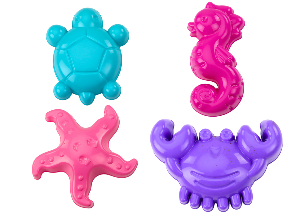 Meeressandformen, 4 Stück, Krabbe, Schildkröte, Seestern, Pferd, gelb, grün