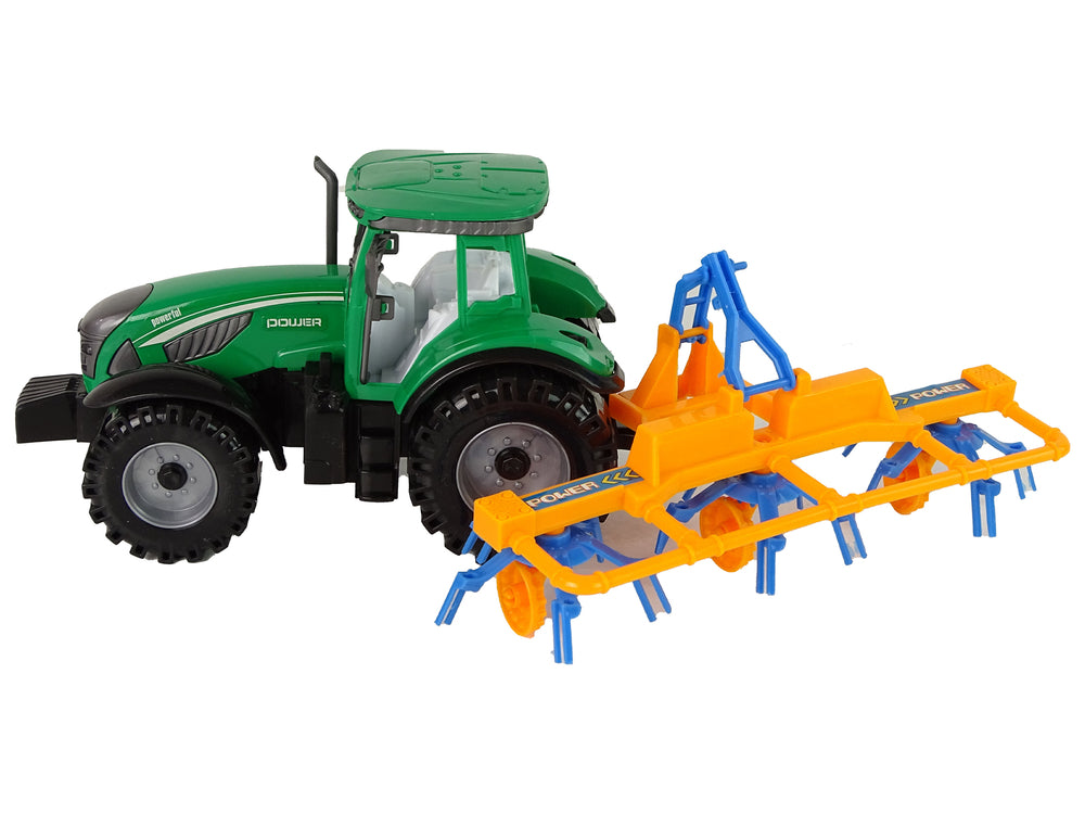 Green Tractor With Orange And Blue Rake Friction Drive