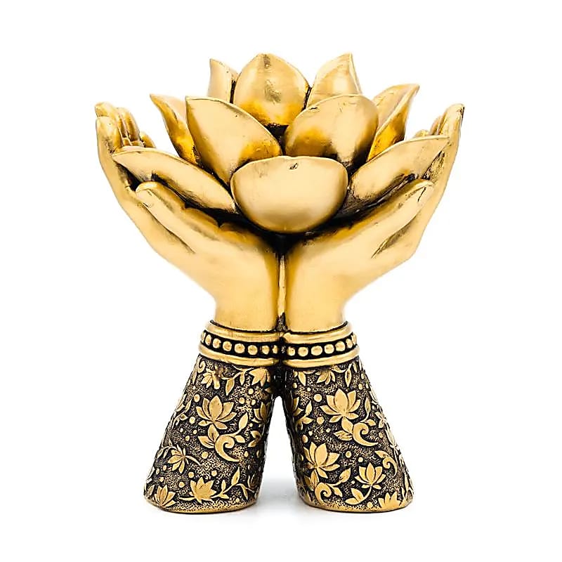 Teelichthalter Lotushände stehend goldfarben - 14x11,2x17 cm