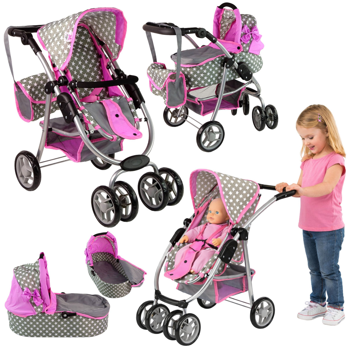 Baby Doll Stroller 2-in-1 Carrycot Bag Pink Stars