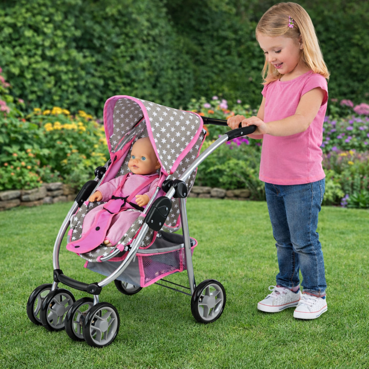 Baby Doll Stroller 2-in-1 Carrycot Bag Pink Stars