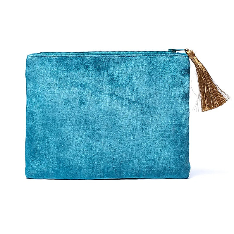 Zippered Velvet Pouch Blue With Flowers - 20x15 Cm