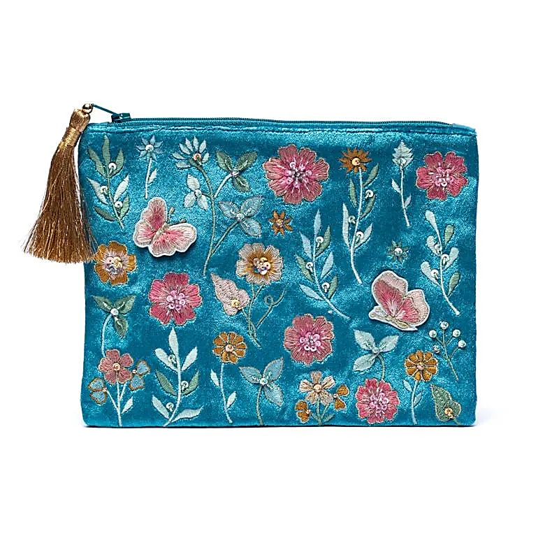 Blixtlåsförsedd sammetspåse Blå Med Blommor - 20x15 Cm