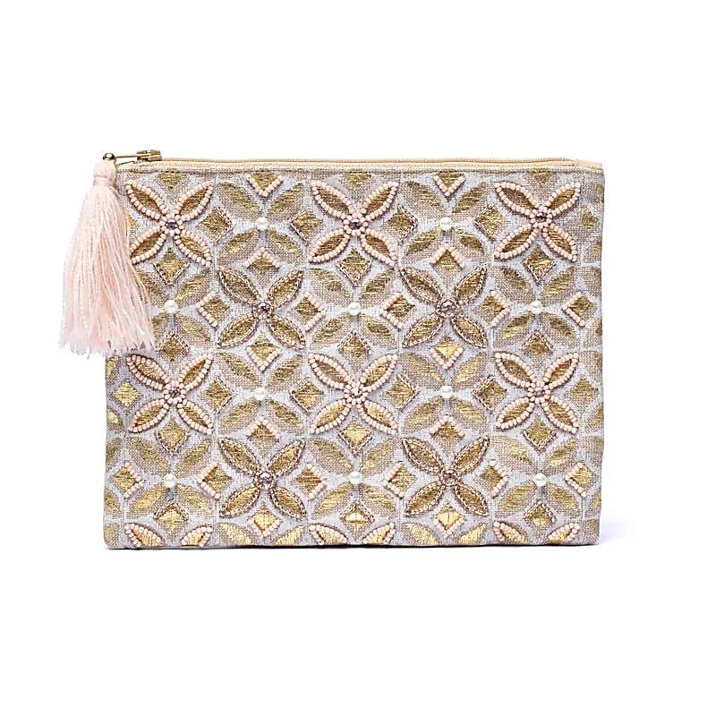 Custodia In Velluto Con Cerniera Beige/Oro Con Fiore Della Vita - 20x15 Cm