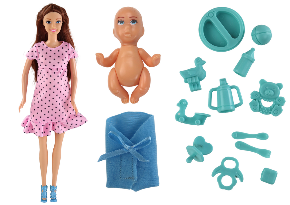 Pregnant Mom Baby Doll Pink Dress Accessories