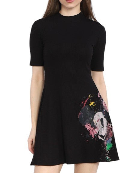 Desigual Disney Mickey Morro Women Dressčerný žebrovaný úplet s výstřihem Mini