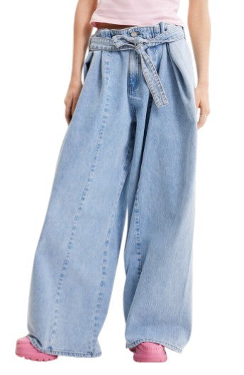 Desigual Denim Marte Women Jeansw32 Modré vybledlé super široké záhyby na nohách