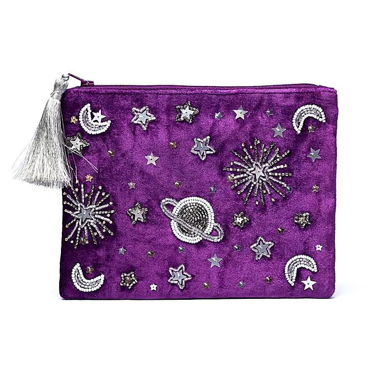Custodia In Velluto Con Cerniera Viola Con Galassia - 20x15 Cm