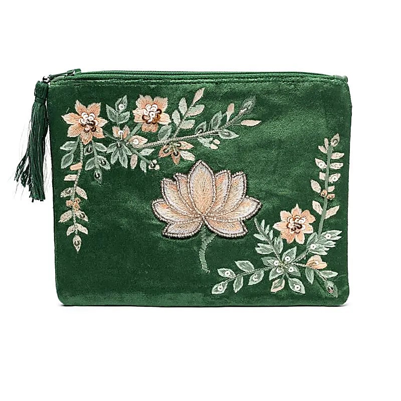 Custodia In Velluto Con Cerniera Verde Con Loto - 20x15 Cm