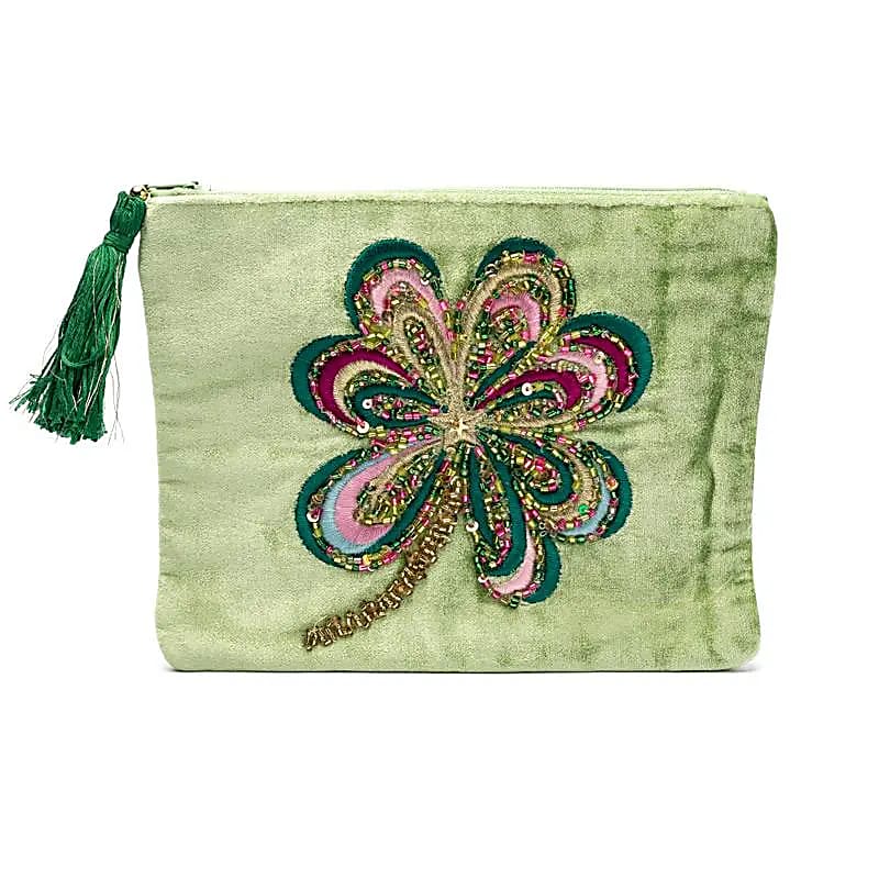 Bustina In Velluto Con Zip Verde Con Quadrifoglio - 20x15 Cm