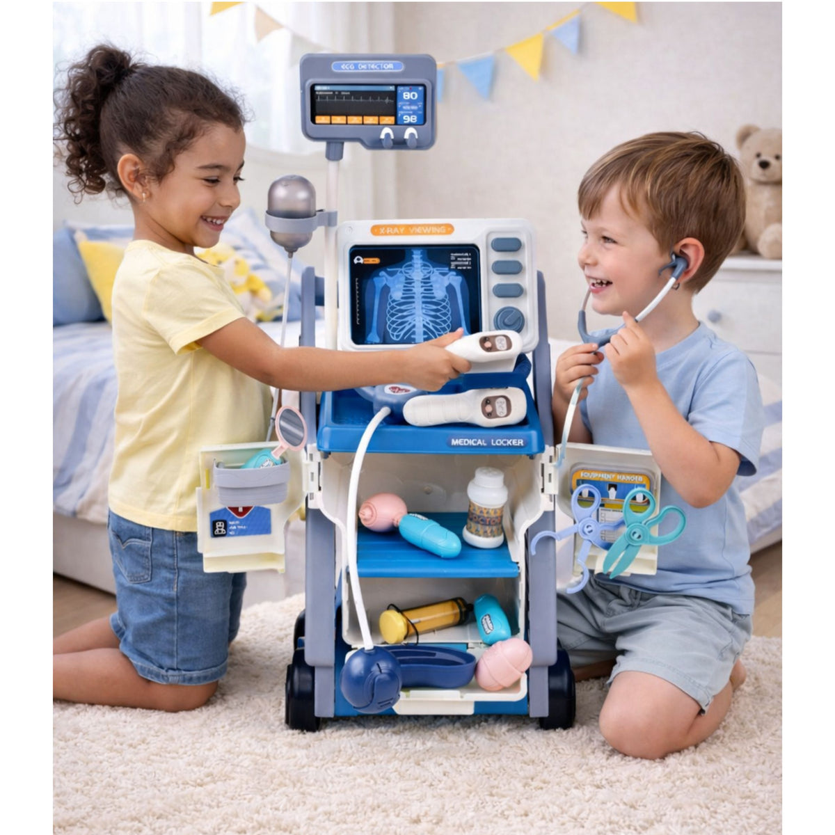 Little Doctor's Set Medical Cart X-ray Ecg Lights Blue 16 Pcs.