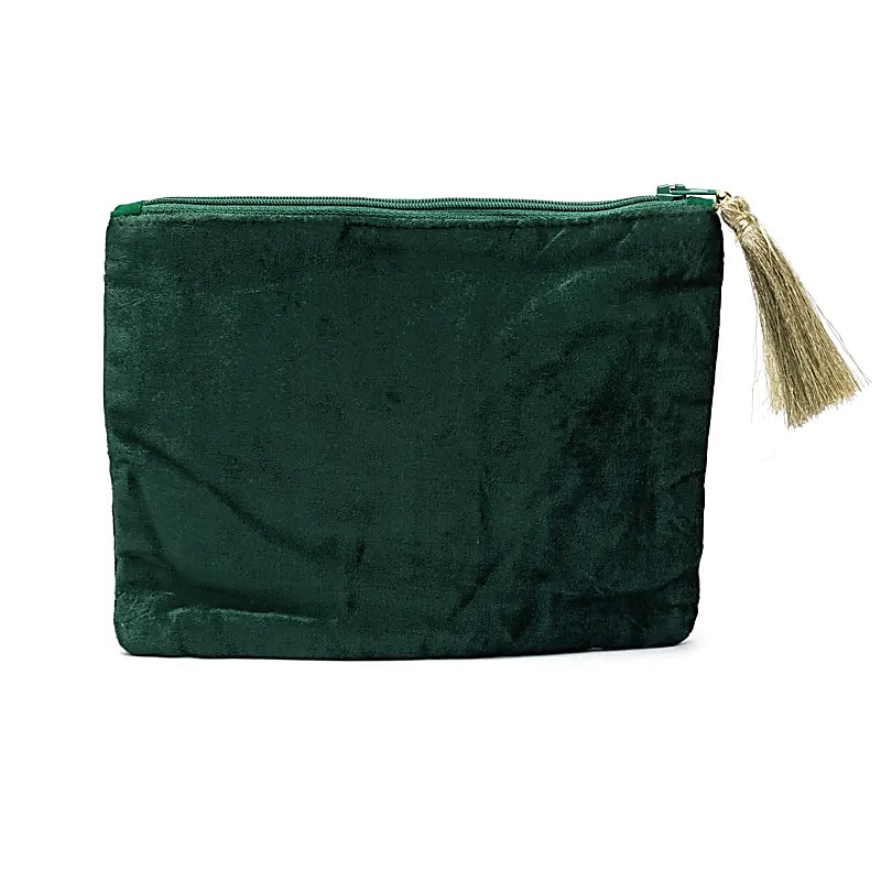 Pochette In Velluto Verde Con Zip Con Albero Della Vita E Cuori - 20x15 Cm