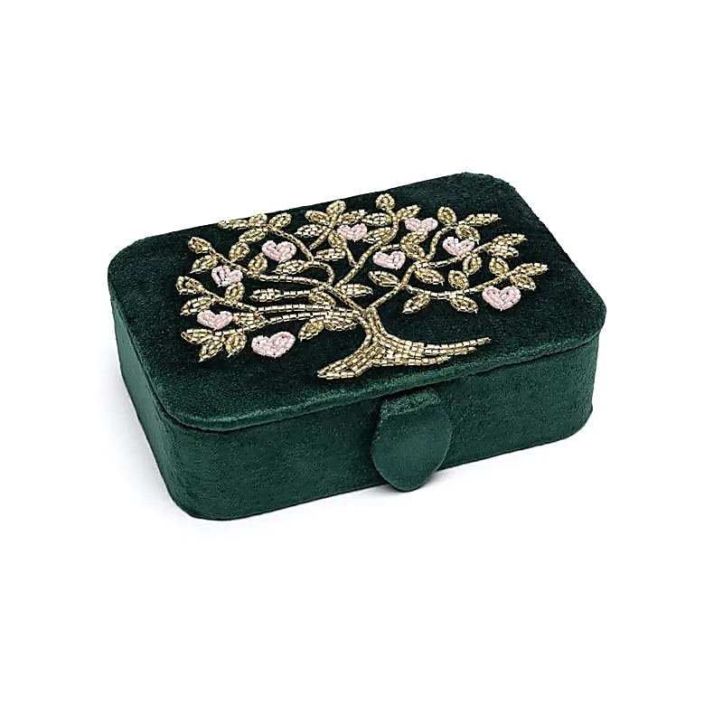 Jewellery / Tarot Box Velvet Green With Tree Of Life And Hearts - 11x15.5x5 Cm