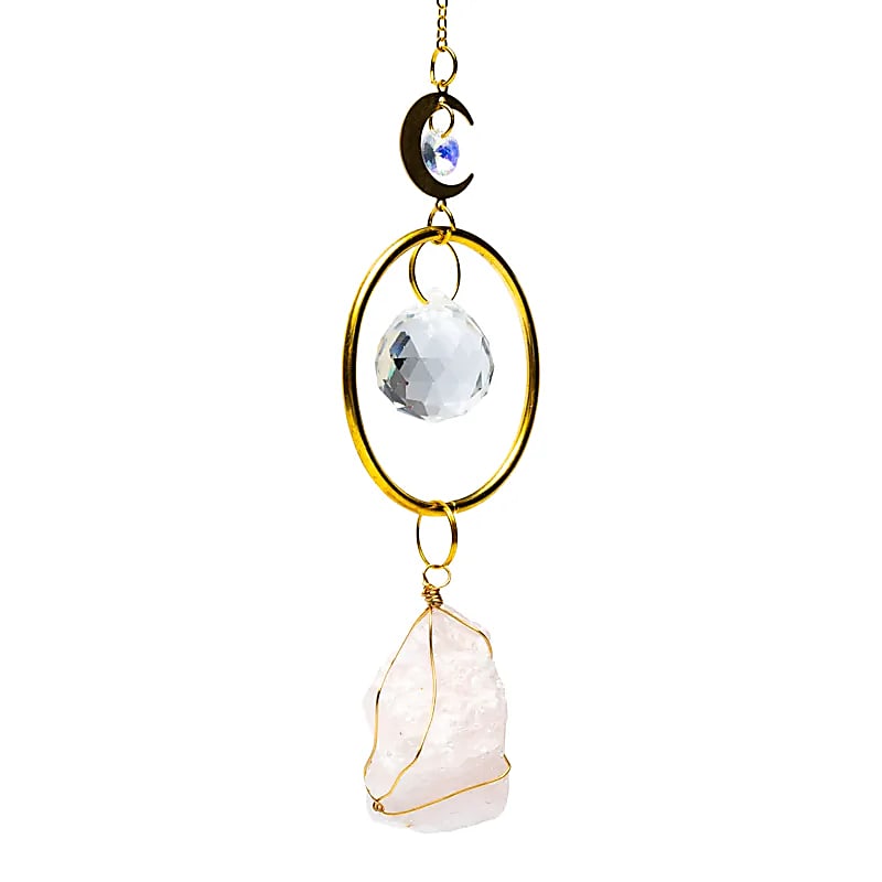 Suncatcher Med Måne Og Rosenkvarts --sæt A 2 Stk - 35-40cm