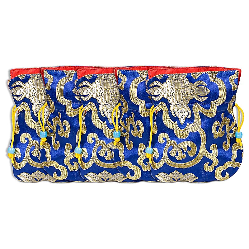 Geanta Brocart Albastru Cu Captuseala Rosie - 10x14 Cm Pachet De 5 Buc