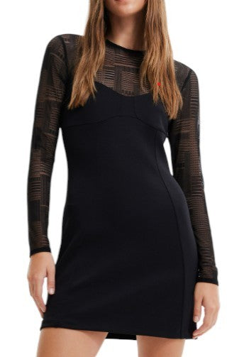 Desigual Night Women Dressblack Textured Průsvitné Dlouhé Rukávy Mini