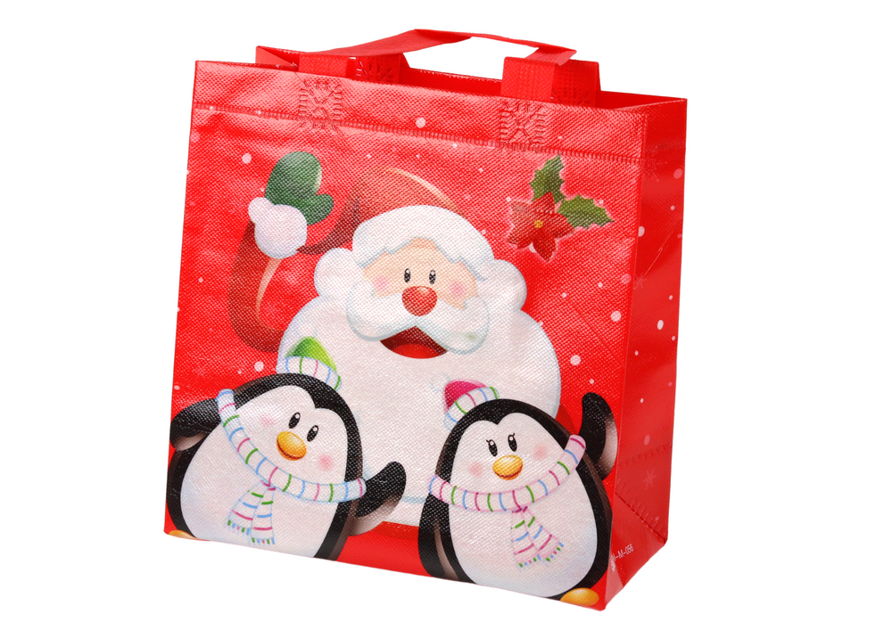 Santa And Penguins Red Gift Bag 22cm X 22cm X 11cm