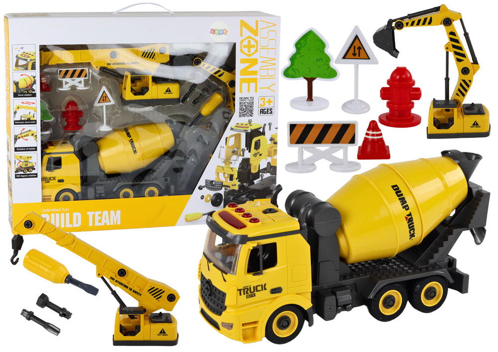 Construction Vehicles Sound Light 1:12 Diy Concrete Mixer Crane Excavator